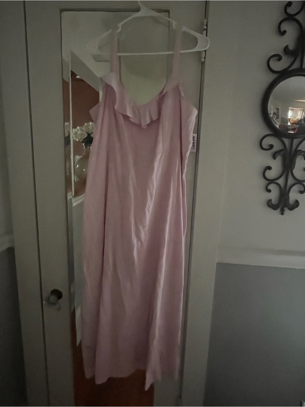 Old Navy Light Pink Ruffle-Trim Slip Dress with flirty slit.
